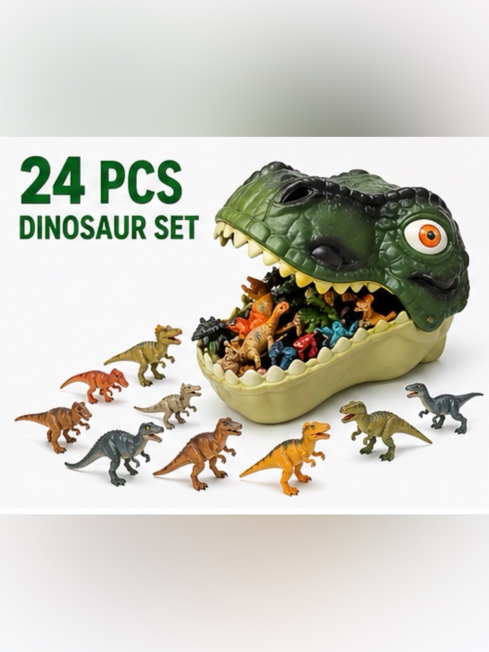 24 piece Dinosaur-Themed Reptile Toy Organizer with - Green and Yellow